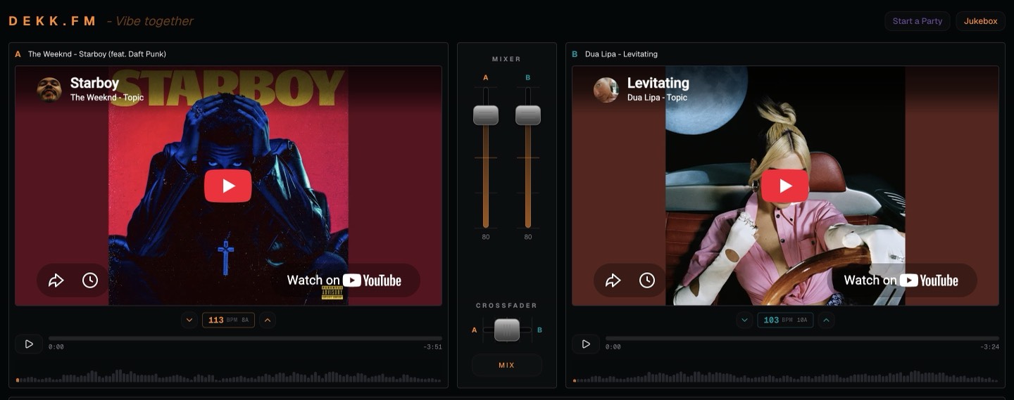 Dekk with two decks, a mixer and a Start a Party button, playing The Weeknd and Dua Lipa from YouTube