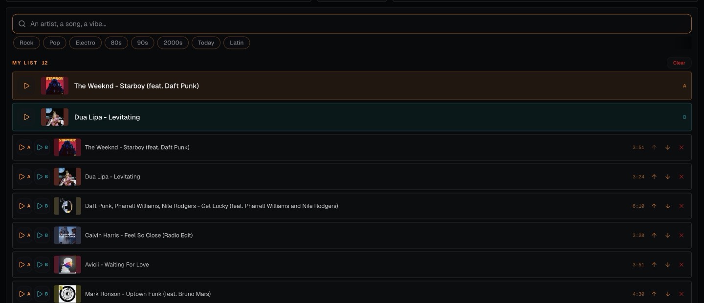 Dekk party list with twelve songs, each with controls to reorder or remove it