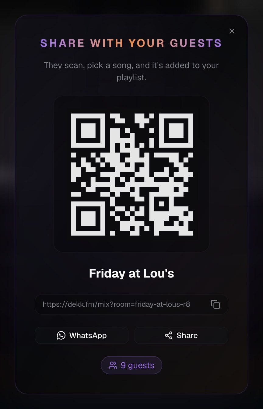 QR code window for the party Friday at Lou's, with 9 guests connected