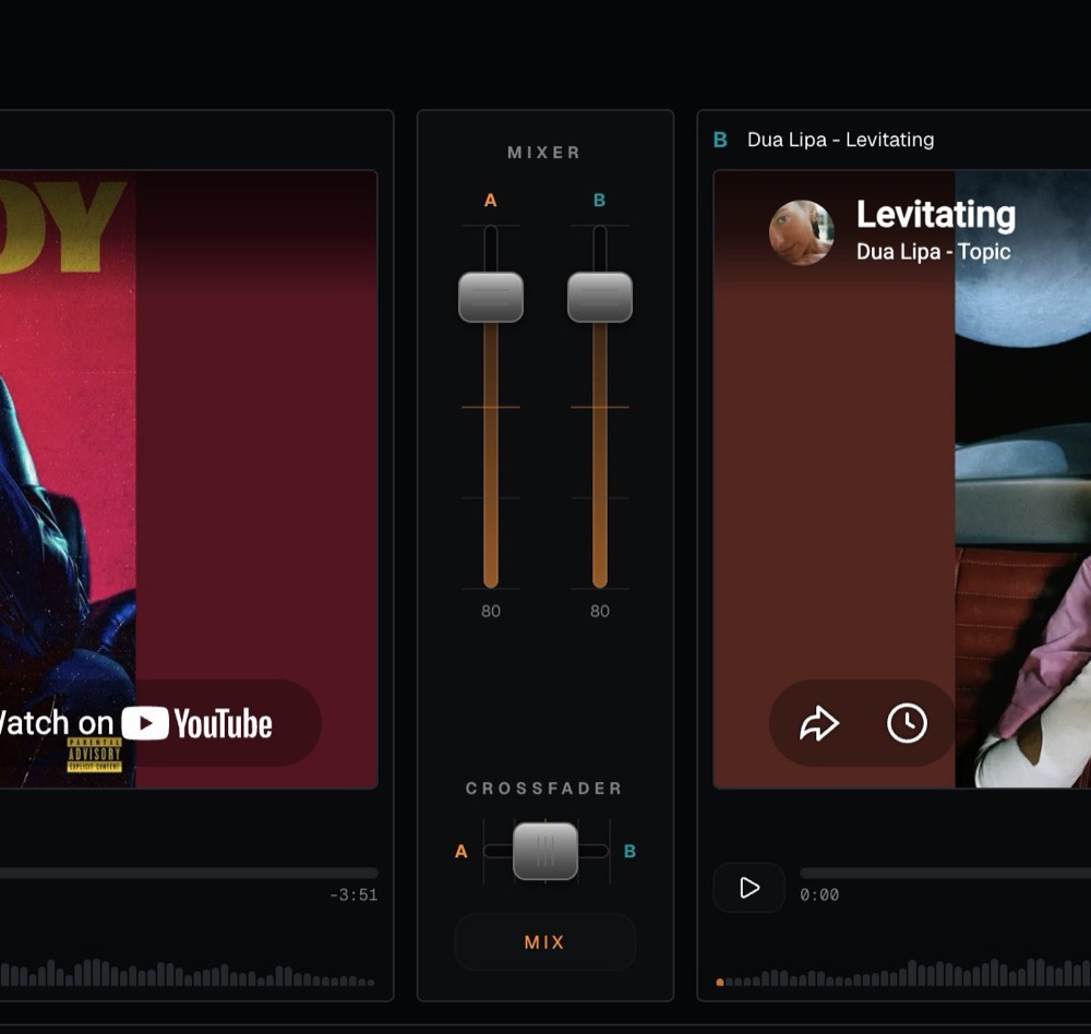 Crossfader in the middle, blending Starboy into Levitating, with the MIX button below